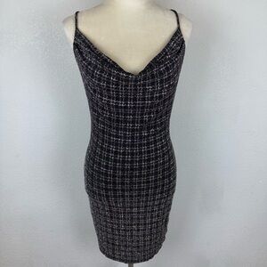 Triple Seven Glitter Pink & Black Plaid Mini Dress With Cowl Neckline Cross Back